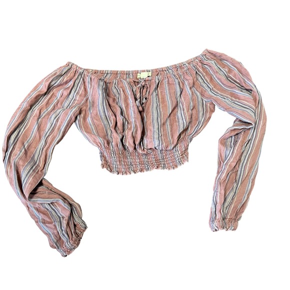 Aeropostale XS Striped Long Sleeve Off Shoulder Crop Top Blouse Shirt - Picture 1 of 4